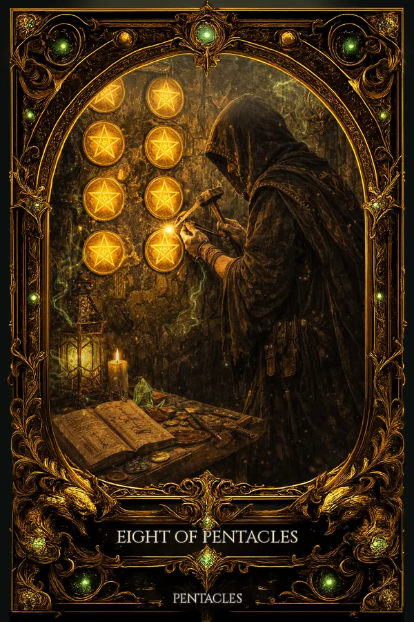 Eight of Pentacles from the Serpents Way tarot deck