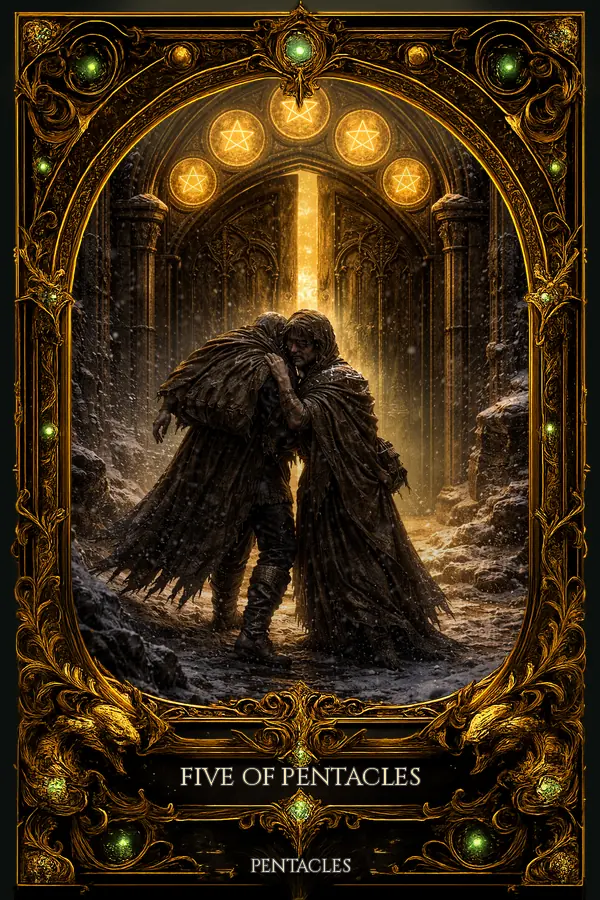 Five of Pentacles tarot card artwork