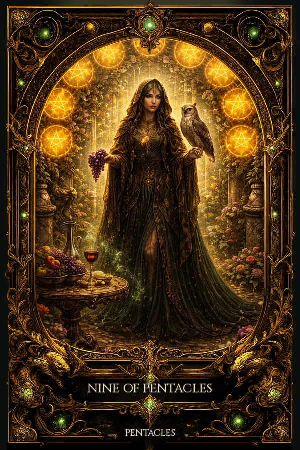 Nine of Pentacles tarot card artwork