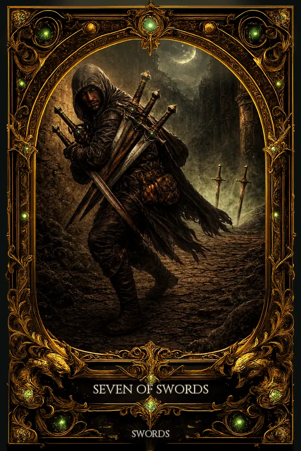 Seven of Swords tarot card artwork