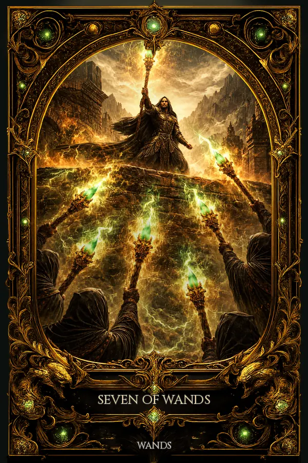 Seven of Wands tarot card artwork
