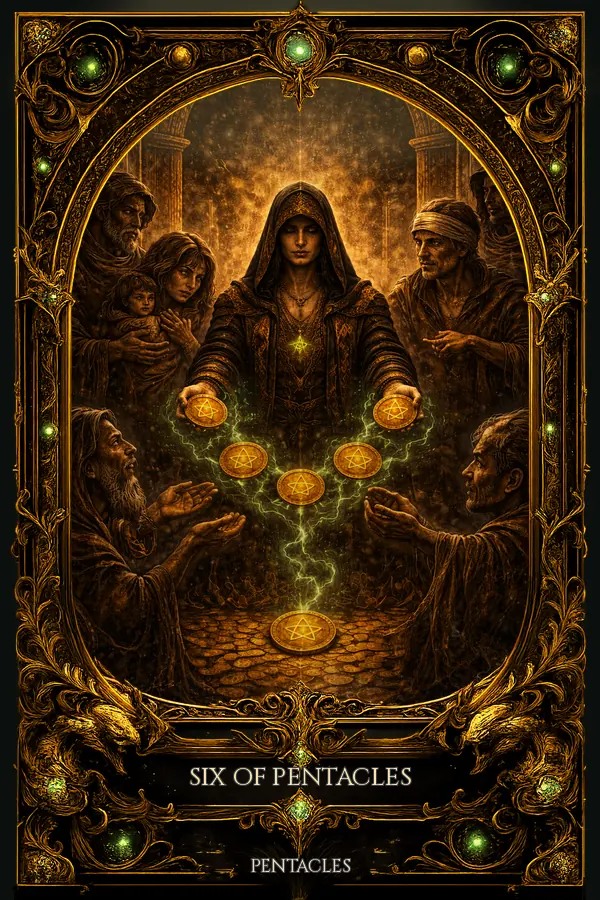 Six of Pentacles tarot card artwork