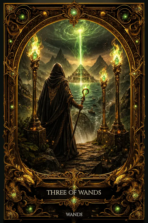 Three of Wands tarot card artwork