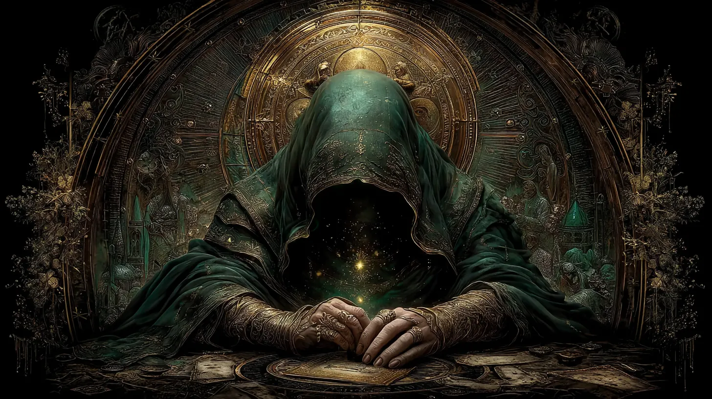 A reader in quiet contemplation over a tarot spread, no book open, engaging the cards through pure symbolic attention.