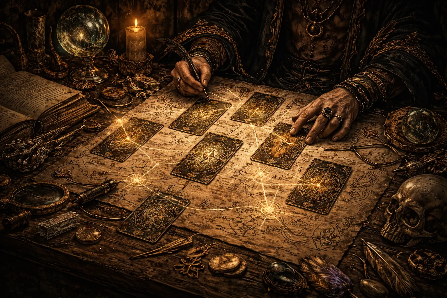 Tarot reader studying a spread at a ritual table with a focused, deliberate atmosphere.