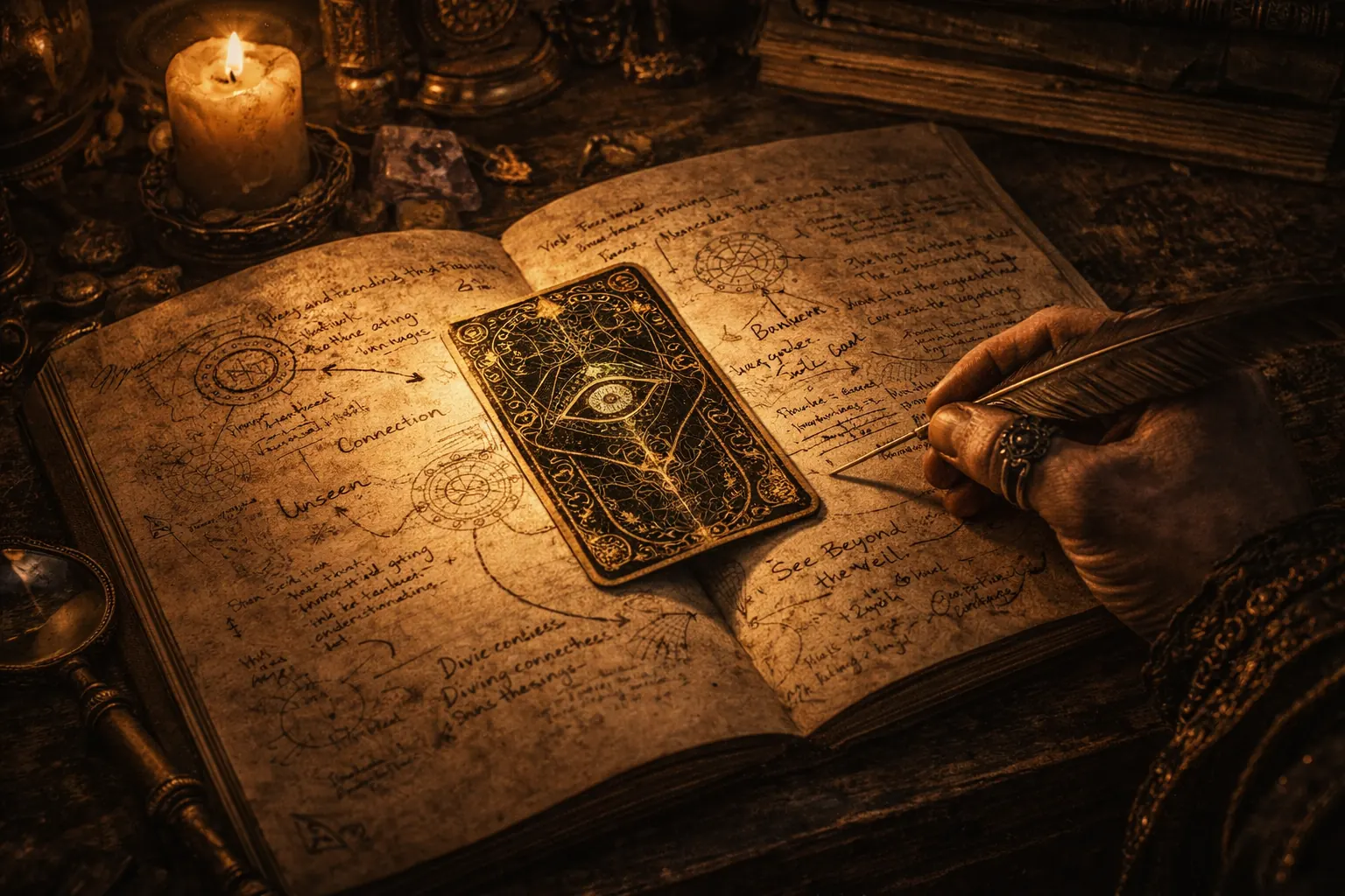 Structured tarot reading scene that suggests deck fluency, deliberate card placement, and close study.