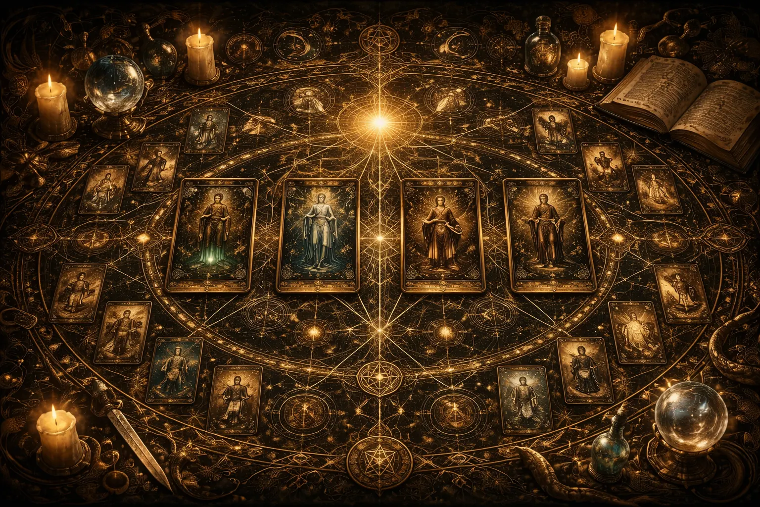 Tarot deck structure visualized through a ceremonial archive of cards, symbols, and ordered archetypal categories.