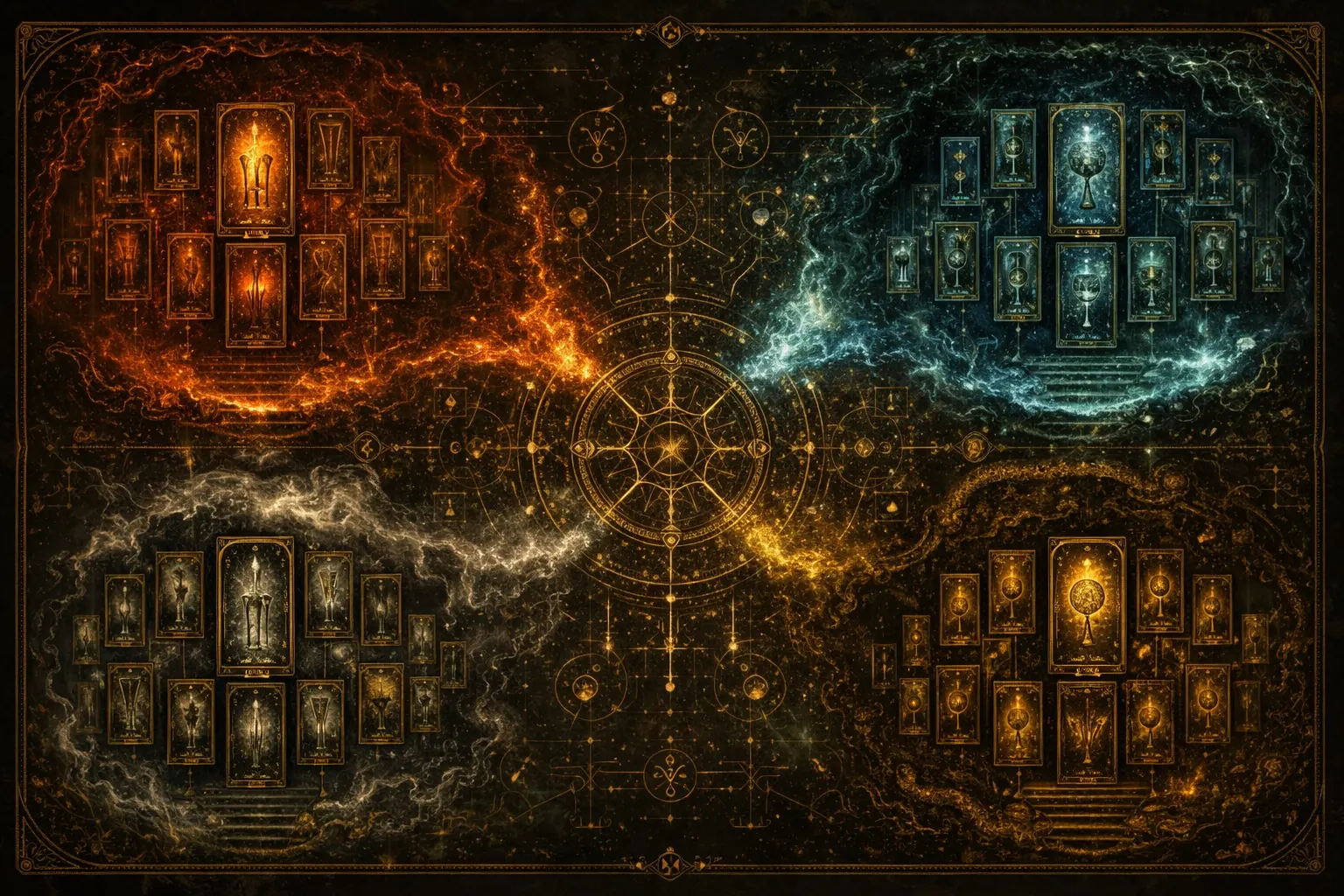 Tarot suits and symbolic groupings laid out in a way that highlights arcana, suit, and rank relationships.