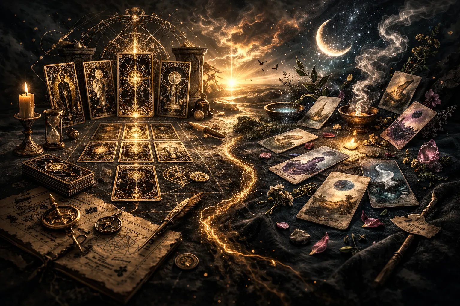 Tarot and oracle decks presented in contrast, emphasizing structure versus flexibility.