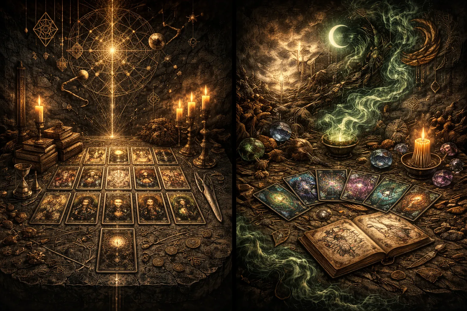 Oracle-style reading scene with a softer, more thematic atmosphere and looser symbolic framing.