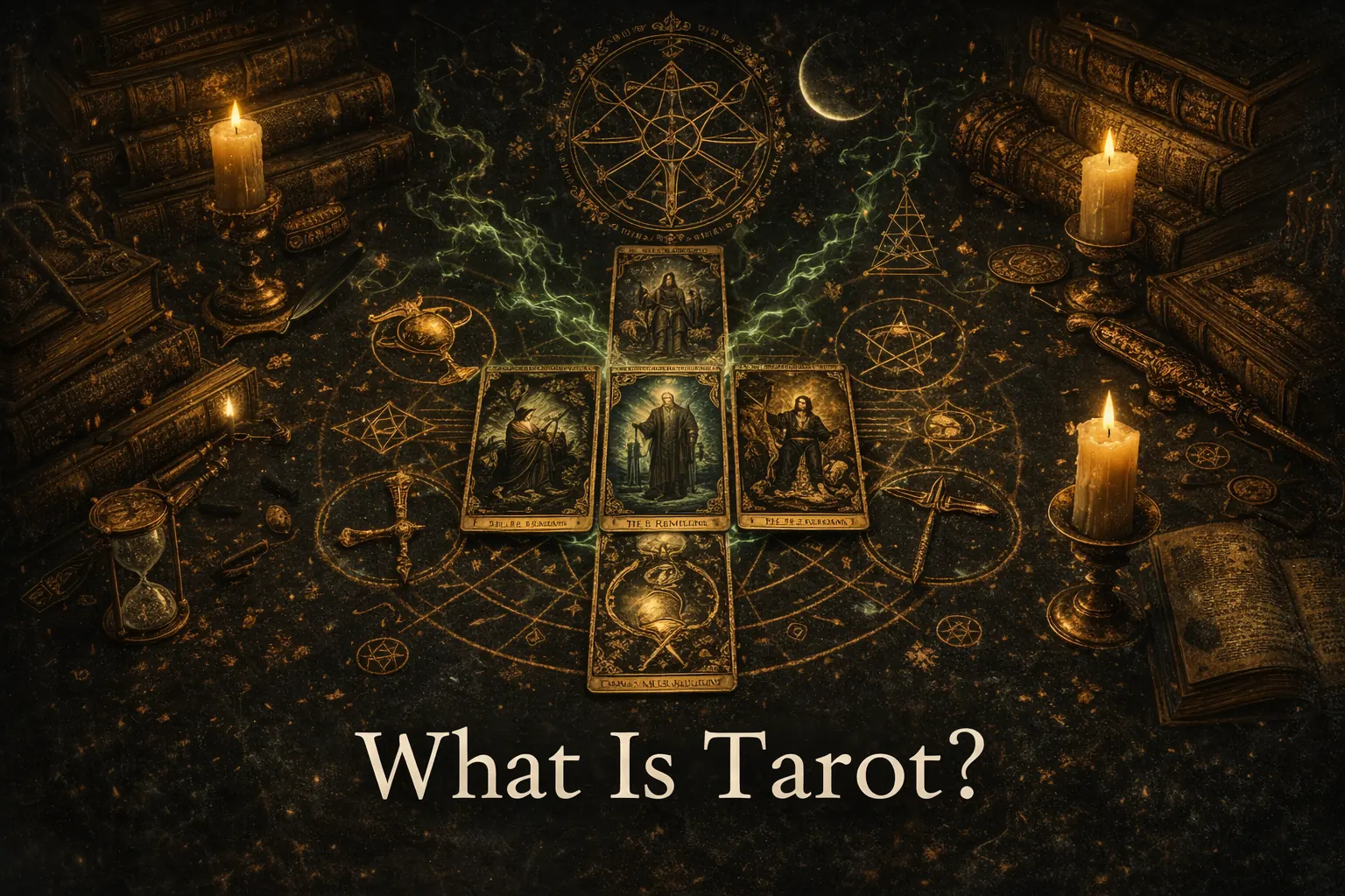 Occult archive scene illustrating tarot as a symbolic system of study and interpretation.