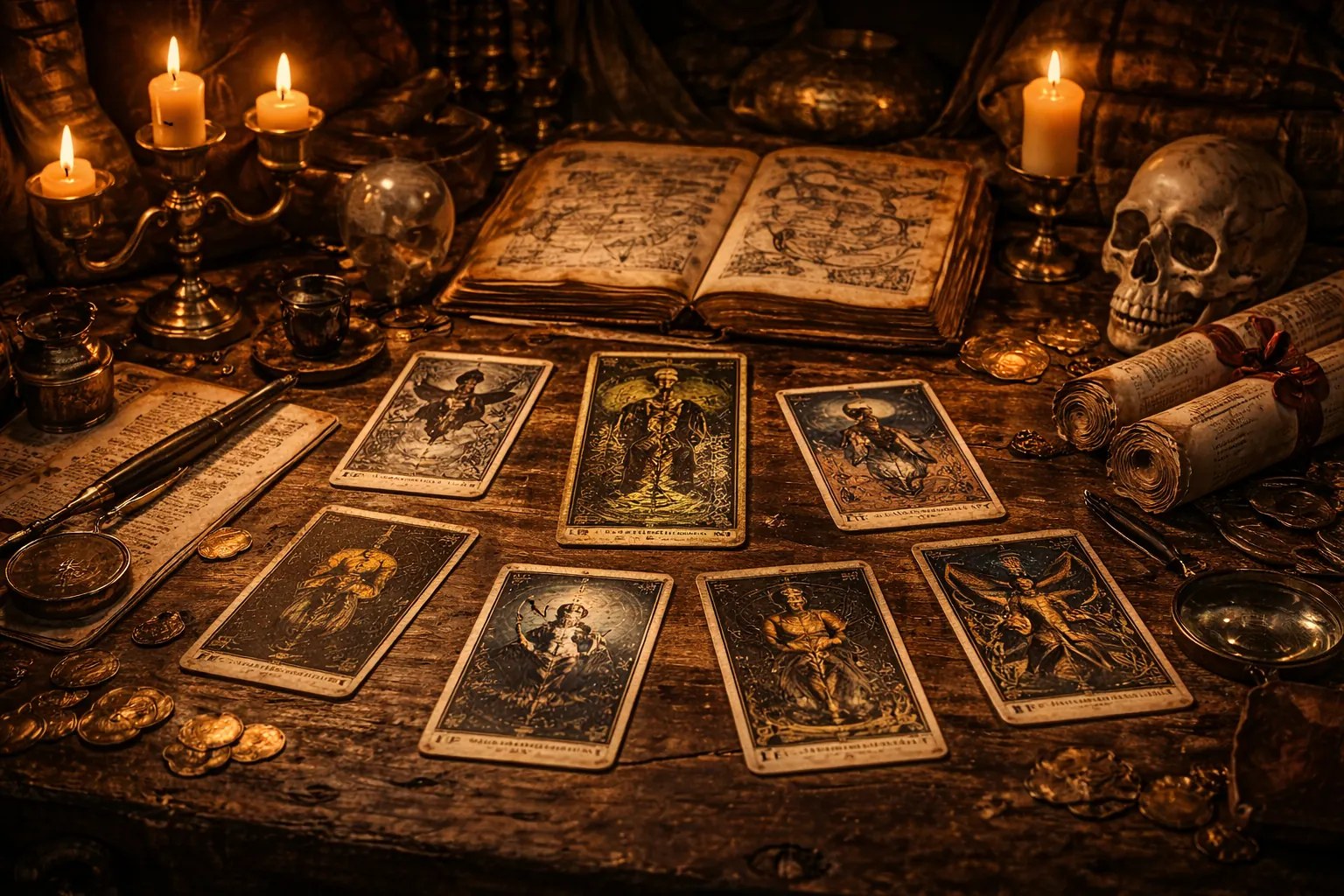 Tarot study scene with symbolic tools, deck structure, and archival atmosphere.