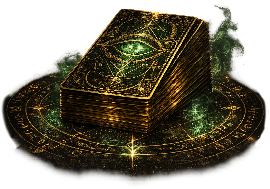 A ceremonial tarot deck resting above a ritual seal